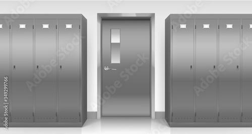 Steel lockers and door, vector school, office, gym or pool changing room metal cabinets and entry. Row of grey storage furniture with closed doors in college or university, Realistic 3d illustration