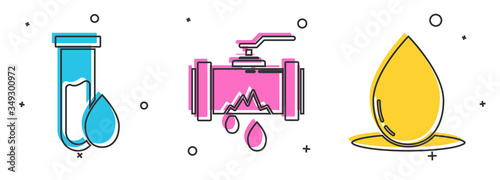 Set Oil petrol test tube, Broken metal pipe with leaking water and Oil drop icon. Vector