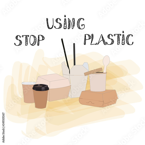 Eco boxes with text. Natural craft paper package collection. Eco life concept. Flat vector illustration. Stop using plastic, save the planet. Paper containers, boxes  