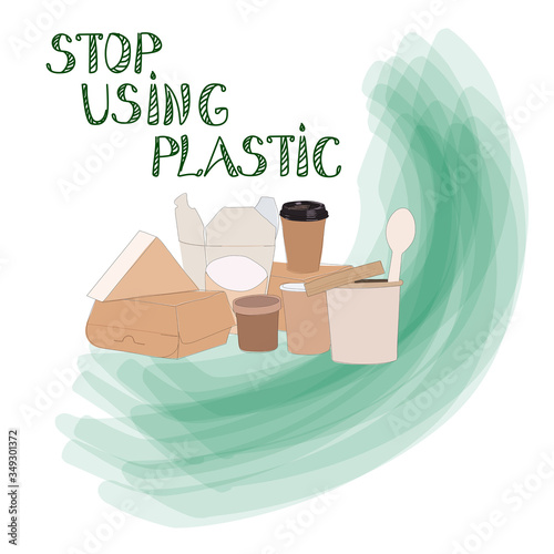Eco boxes with text Stop using plastic. Natural craft paper packages. Eco life concept. Flat vector illustration. Paper containers, boxes  