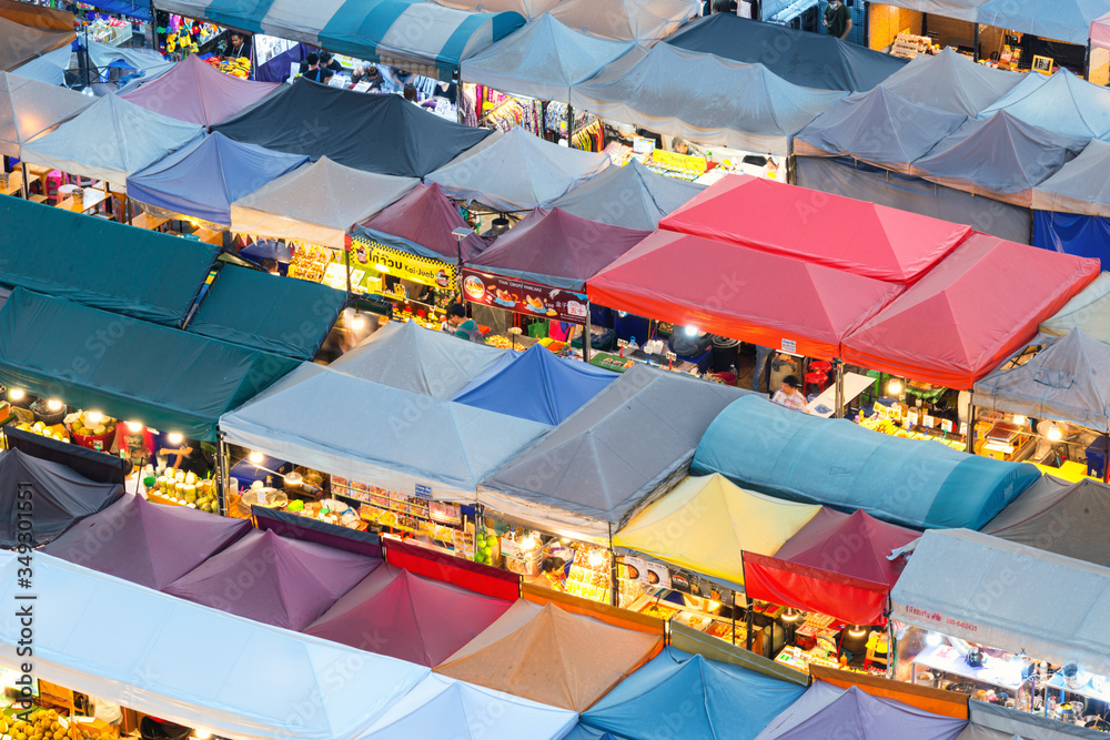 Bangkok, Thailand, Top view of Train Night Market Ratchada (Talad Rot Fai) flea market with