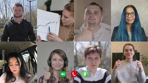 Eight people rejoicing success of business in online video chat. Multiscreen of happy joyful men and women showing thumbs up as CEO demonstrating ascending graph. Covid-19, isolation, quarantine.