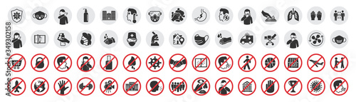 Big set of coronavirus icons. Preventive virus protection measures, quarantine icons, prohibition symbols, virus prevention