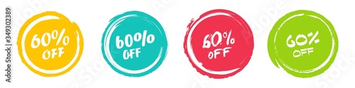 Set of grunge sticker with 60 percent off in a flat design. For sale, promotion, advertising