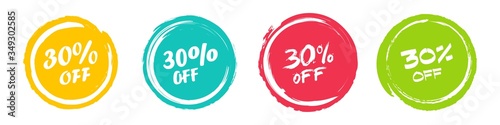 Set of grunge sticker with 30 percent off in a flat design. For sale, promotion, advertising