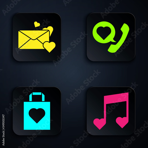 Set Music note, tone with hearts, Envelope with heart, Shopping bag with heart and Telephone with heart speech bubble. Black square button. Vector