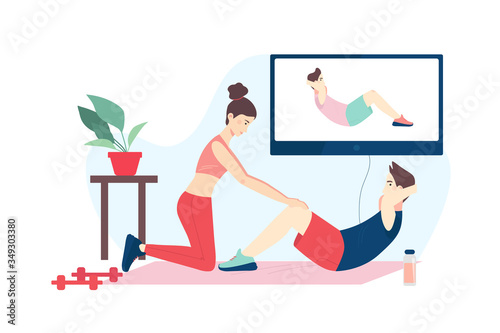 Fitness online course banner concept. Young couple doing fitness at home together using their TV. Vector flat cartoon illustration