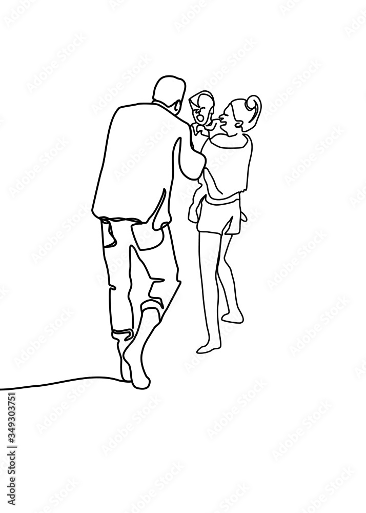 One continuous line drawing, , Parents enjoy playing on holidays.
