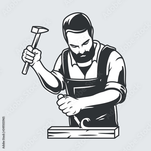 Carpenter with hammer jack plane. Carpentry logo