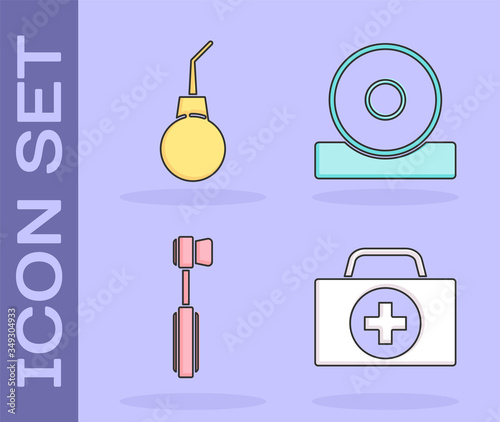 Set First aid kit, Enema pear, Toothbrush and Otolaryngological head reflector icon. Vector