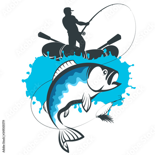 Fisherman with fishing rod caught a fish silhouette