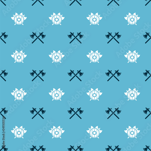 Set Crossed medieval axes and Medieval shield with crossed axes on seamless pattern. Vector