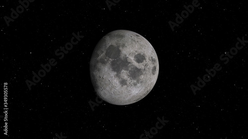 3D rendering of the Moon against the background of space with the illumination of craters and lunar soil