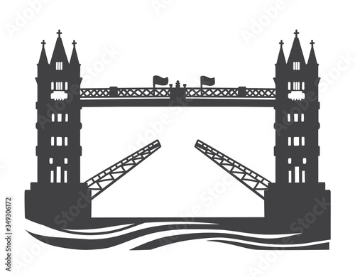Vector illustration the Tower Bridge in London, the UK. Black silhouette of the famous British landmark. Hand drawn doodle object isolated on white background.
