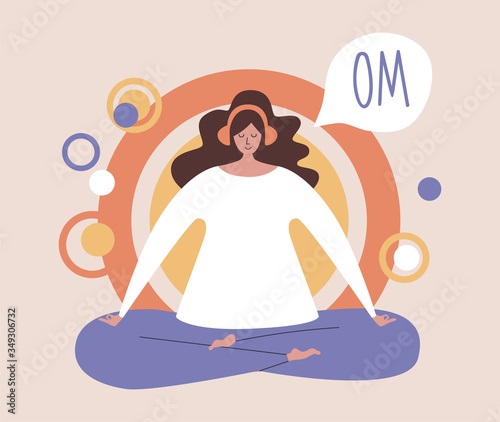 Woman meditating in the Lotus position and saying Om. Girl with the headphones practising the guided meditation. Modern flat illustration on yoga topic. 