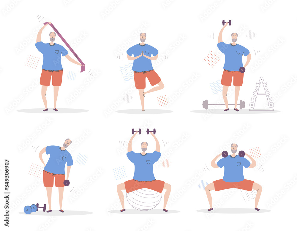 Set of vector illustrations Senior Man Fitness. Smiling grandfather exercising with sport equipment. Active lifestyle for elderly people. Collection of workout for old men scenes in modern flat style.