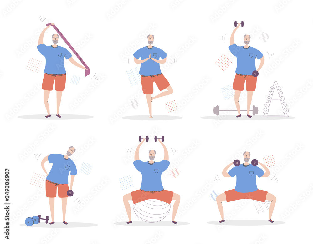 Set of vector illustrations Senior Man Fitness. Smiling grandfather exercising with sport equipment. Active lifestyle for elderly people. Collection of workout for old men scenes in modern flat style. Set of vector illustrations Senior Man Fitness. Smiling grandfather exercising with sport equipment. Active lifestyle for elderly people. Collection of workout for old men scenes in modern flat style.