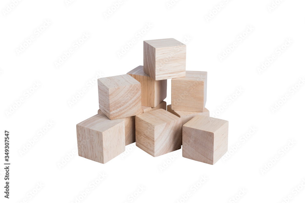 Pile of wooden cube with beautiful wooden textured isolated on white background with Clipping path