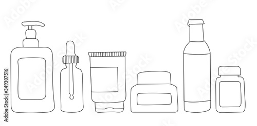 Home beauty routine essensials. Vector hand drawn illustration. Cream, face oil, toner, serum, eye gel. Skin care products for SPA, line art beauty concept.