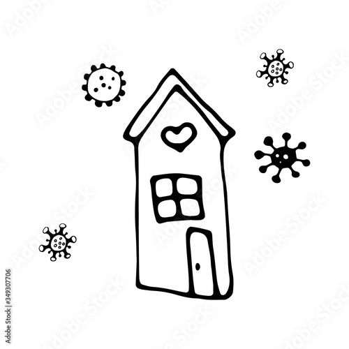 home  and coronavirus icon in retro style doodle. Architecture, construction, village, homepage. Sketch icon. Decoration element. Isolated on white background. Vector illustration.stay at home.