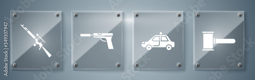 Set Judge gavel, Police car and flasher, Pistol or gun with silencer and Sniper rifle with scope. Square glass panels. Vector