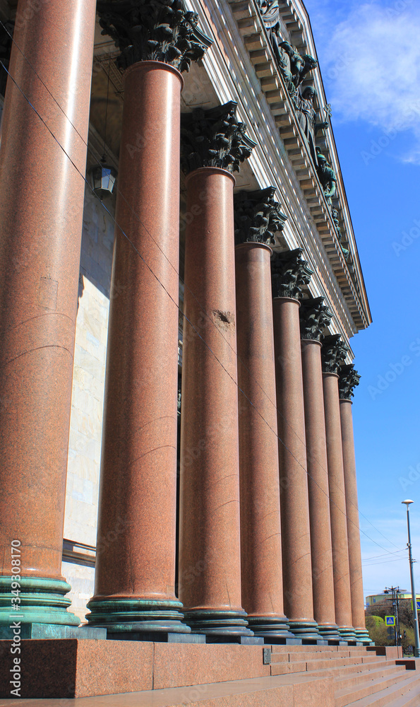 Saint Isaac's Cathedral old pillars perspective in Saint Petersburg, Russia. Historic details with ancient columns on Saint Isaac's Cathedral facade Saint Isaac's Cathedral old pillars perspective in Saint Petersburg, Russia. Historic details with ancient columns on Saint Isaac's Cathedral facade