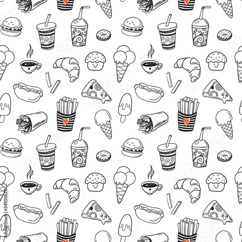 Modern doodle seamless pattern with hand drawn fast food elements