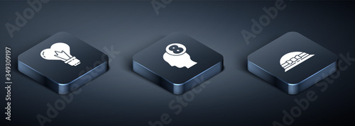 Set Isometric Heart shape in a light bulb, Elegant women hat and 8 March in human head icon. Vector