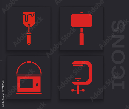 Set Clamp and screw tool, Putty knife, Sledgehammer and Paint bucket icon. Vector