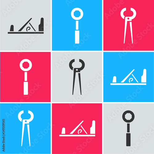 Set Wood plane tool, Wrench spanner and Pincers and pliers icon. Vector