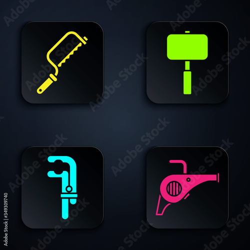 Set Leaf garden blower, Hacksaw, Clamp tool and Sledgehammer. Black square button. Vector
