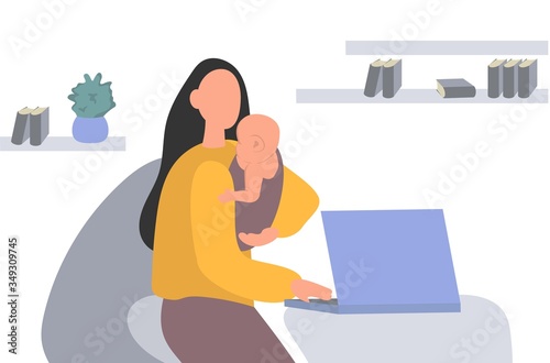 A vector illustration of a mother working on a laptop while holding a baby. Work at home.