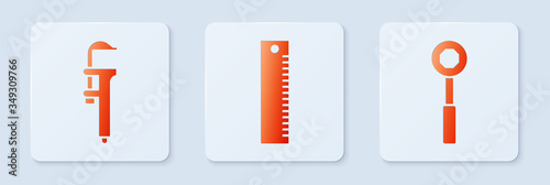 Set Ruler, Calliper or caliper and scale and Wrench spanner. White square button. Vector