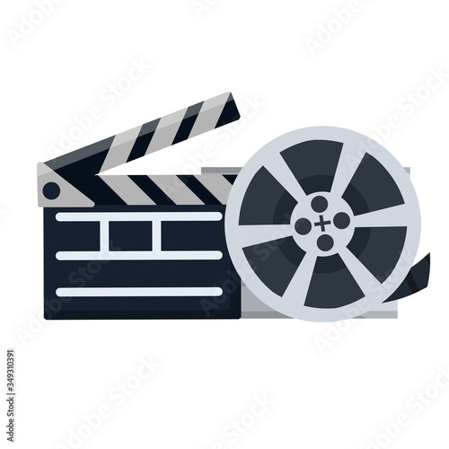 Movie shooting icon. Black Film clapper. Blank clapboard. Cartoon flat illustration. Black Reel with film. Retro bobbin.