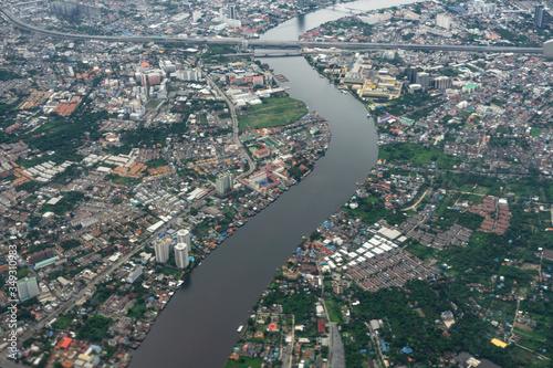 Photography aerial view of the Bangkok city and Chaopraya river