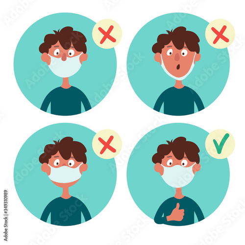 Set of infographic elements. What to do and what not do not when you wear a face mask. Funny cartoon boy wears a mask improperly. Vector illustration isolated on white background.