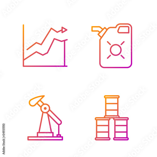 Set line Barrel oil, Oil pump or pump jack, Oil price increase and Canister for motor oil. Gradient color icons. Vector