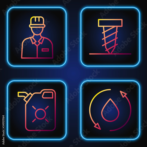 Set line Oil drop, Canister for motor oil, Oilman and Rotating drill digging a hole. Gradient color icons. Vector
