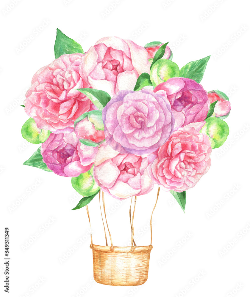 Watercolor illustration with multi-colored balloons and floral decorations. a bouquet of peonies.