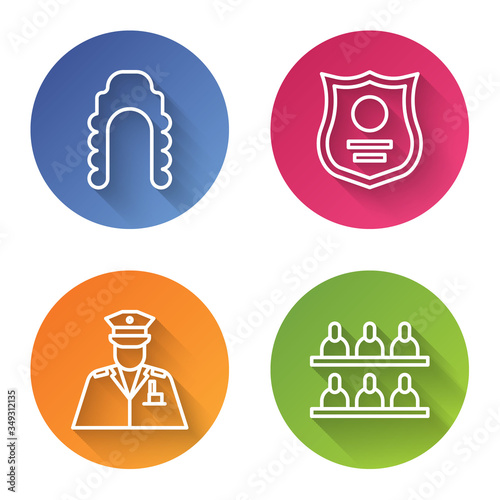 Set line Judge wig, Police badge, Police officer and Jurors. Color circle button. Vector