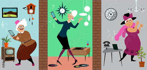 Three senior women practicing social distancing and having an online dance party staying at their own homes, EPS 8 vector illustration