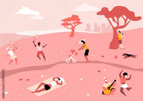 People safely entertaining in the park, wearing face masks and practicing social distancing, EPS 8 vector illustration