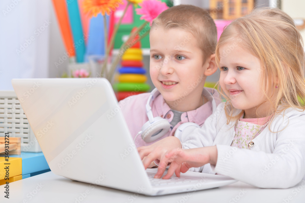 Beautiful brother and sister using laptop white sitting at table Beautiful brother and sister using laptop white sitting at table