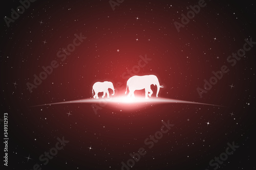 Elephant family walk in space. Vector conceptual illustration with white silhouette of endangered animals and glowing outline. Surreal red background for greeting cards, posters and other design