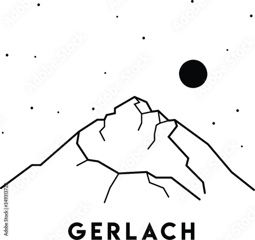 Gerlach. Vector black and white illustration of the highest peak in the High Tatras, in Slovakia. Travel, tourism, adventure. Europe. Mountains