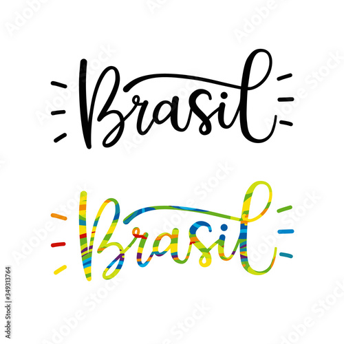 Hand drawn Brasil word in black and color variations. Hand Lettering for invitation and greeting card, prints and posters. Modern calligraphic design