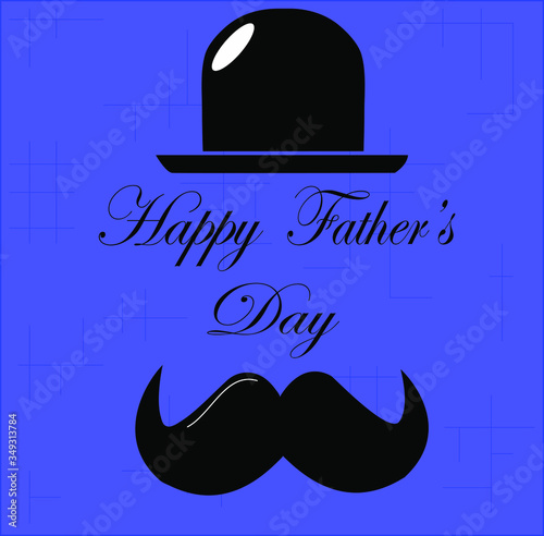 feliz día del padre, sombrero y bigote, con el texto, feliz día del padre, en el centro, sobre un fondo azul

