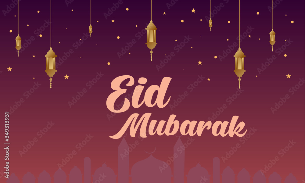 Eid Mubarak Luxury vector background with islamic lantern. Blue purple banner background with text and stars. Mosque and minaret silhouette with premium color