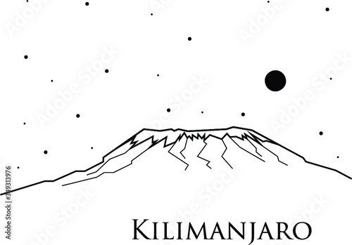 Vector illustration of mount Kilimanjaro in Africa. Volcano. Black and white illustration