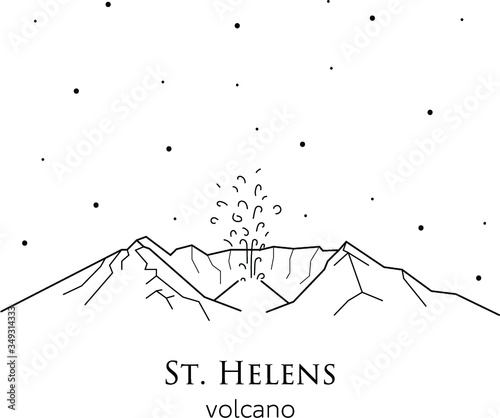 Black and white vector illustration with volcano St. Helens. Mount St. Helens in USA